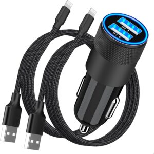 ??Mfi Certified??Iphone Car Charger Fast Charging,  4.8A Dual USB Smart Power Cigarette Lighter USB Car Charger with 2Pack Lightning Braided Cable for Iphone 14 13 12 11 Pro XS Mini XR X SE Ipad