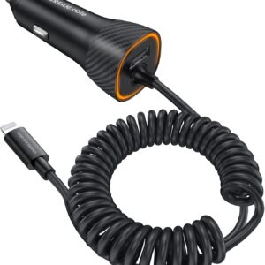 32W Iphone Car Charger -  [PD 20W Quick Charge] [Apple MFI C94 Certified] Phone Cigarette Lighter with Built-In 5FT Lightning Cable for Apple Iphone 14/13/12/11/Xs/Xs Max/Xr/X/8-Orange